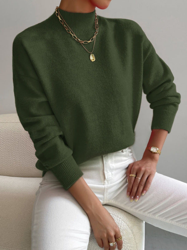 Solid color loose knit half high neck pullover sweater