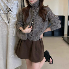 High Neck Knit Cardigan Soft Loose Lazy Sweater Coat Top with Bag