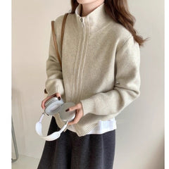 Lazy Style White High Neck Knit Cardigan for Women, Zip-Up Sweater Top, Spring and Autumn Fashion Outfit, Elegant Look