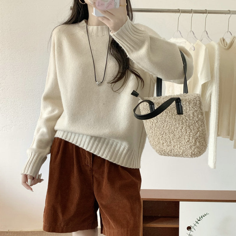 Women’s Seamless Wool Crew Neck Sweater, Loose Fit