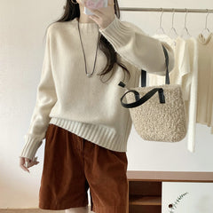 Seamless Crew Neck Sweater Women Loose Lazy Style Drop Shoulder Knitted Sweater  Thickened Woolen Sweater