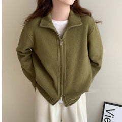 Lazy Style White High Neck Knit Cardigan for Women, Zip-Up Sweater Top, Spring and Autumn Fashion Outfit, Elegant Look
