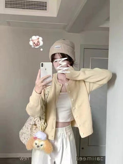Light Blue Lazy Style Knit Cardigan Coat for Women Autumn New Soft Short Sleeve Top