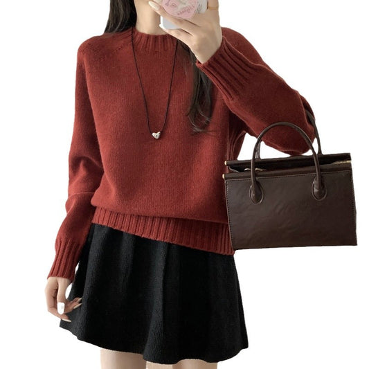 Seamless Crew Neck Sweater Women Loose Lazy Style Drop Shoulder Knitted Sweater  Thickened Woolen Sweater