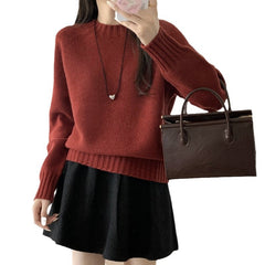 Seamless Crew Neck Sweater Women Loose Lazy Style Drop Shoulder Knitted Sweater  Thickened Woolen Sweater