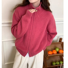 Lazy Style White High Neck Knit Cardigan for Women, Zip-Up Sweater Top, Spring and Autumn Fashion Outfit, Elegant Look