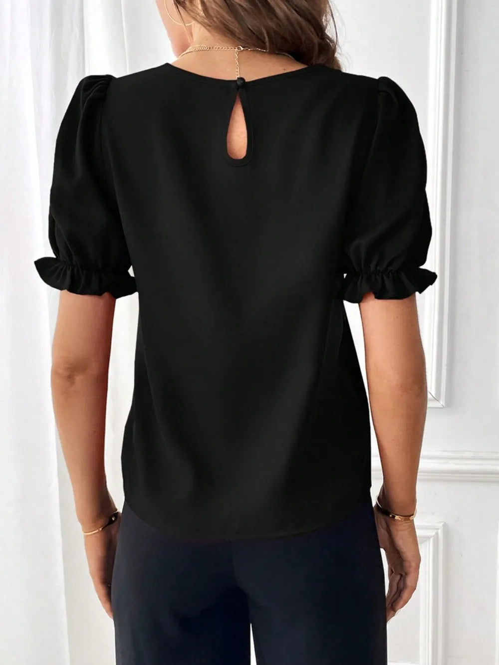 Round Neck Flounce Sleeve Crop Blouse