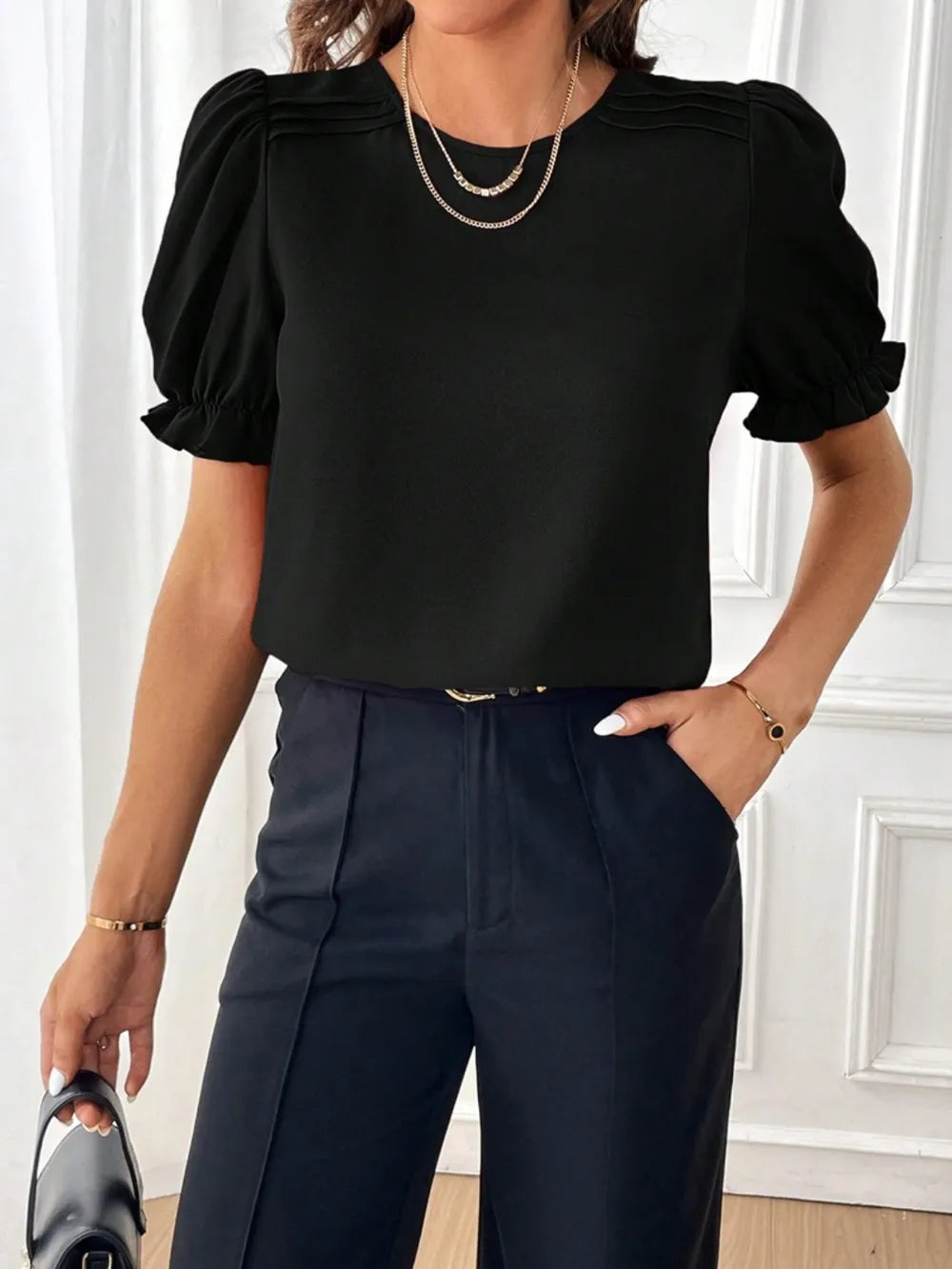 Round Neck Flounce Sleeve Crop Blouse