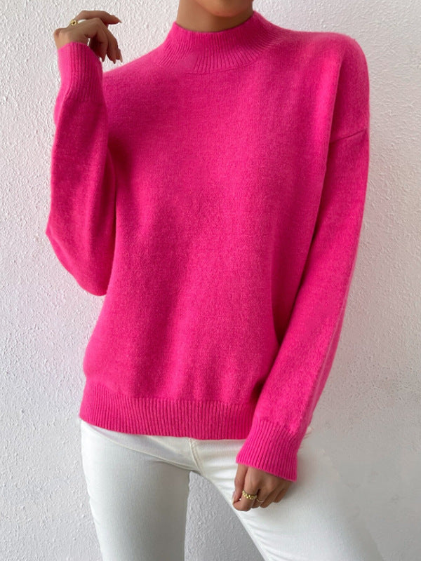 Solid color loose knit half high neck pullover sweater