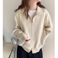 Lazy Style White High Neck Knit Cardigan for Women, Zip-Up Sweater Top, Spring and Autumn Fashion Outfit, Elegant Look