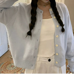 Light Blue Lazy Style Knit Cardigan Coat for Women Autumn New Soft Short Sleeve Top