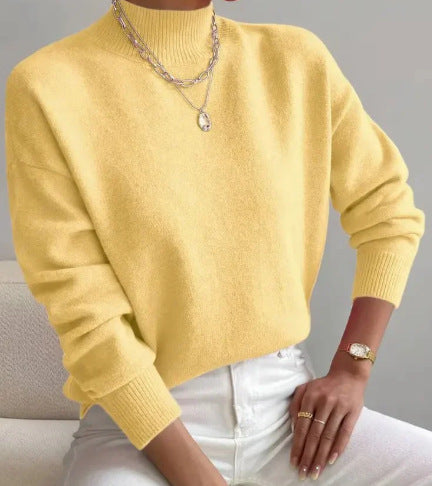 Solid color loose knit half high neck pullover sweater