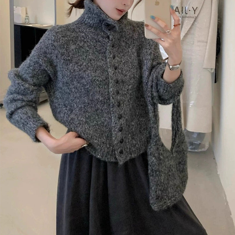 High Neck Knit Cardigan Sweater with Free Bag
