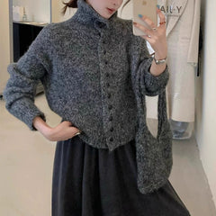 High Neck Knit Cardigan Soft Loose Lazy Sweater Coat Top with Bag