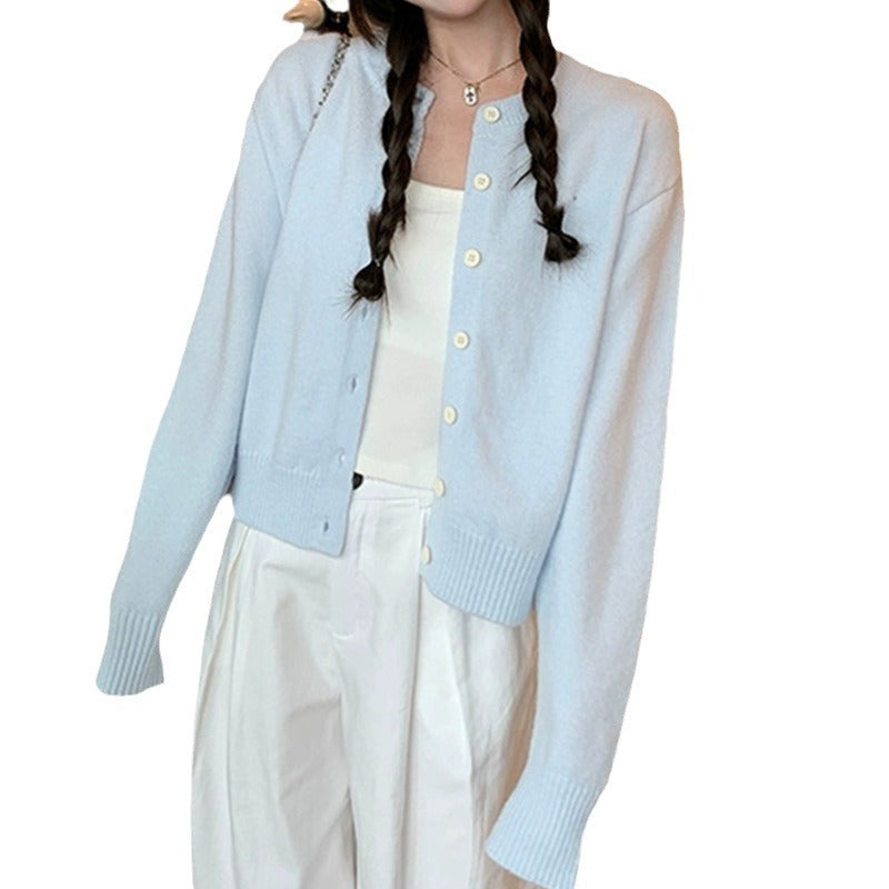 Light Blue Lazy Style Knit Cardigan Coat for Women Autumn New Soft Short Sleeve Top
