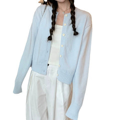 Light Blue Lazy Style Knit Cardigan Coat for Women Autumn New Soft Short Sleeve Top
