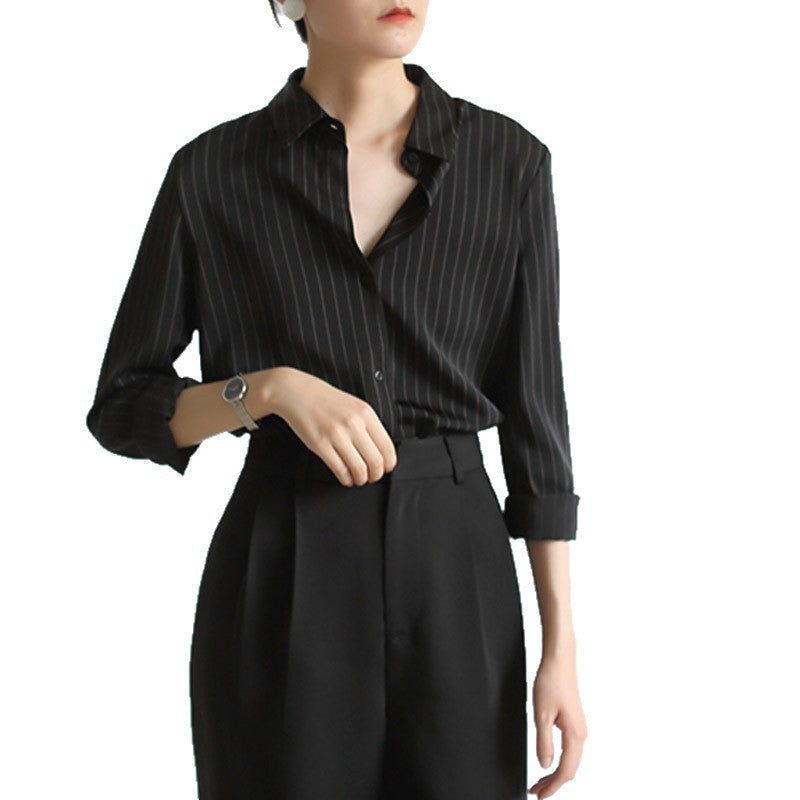 Pattern Arrival Black and White Stripe Shirt for Women, Office Lady Commuter Straight Shoulder Interview Long Sleeve Blouse