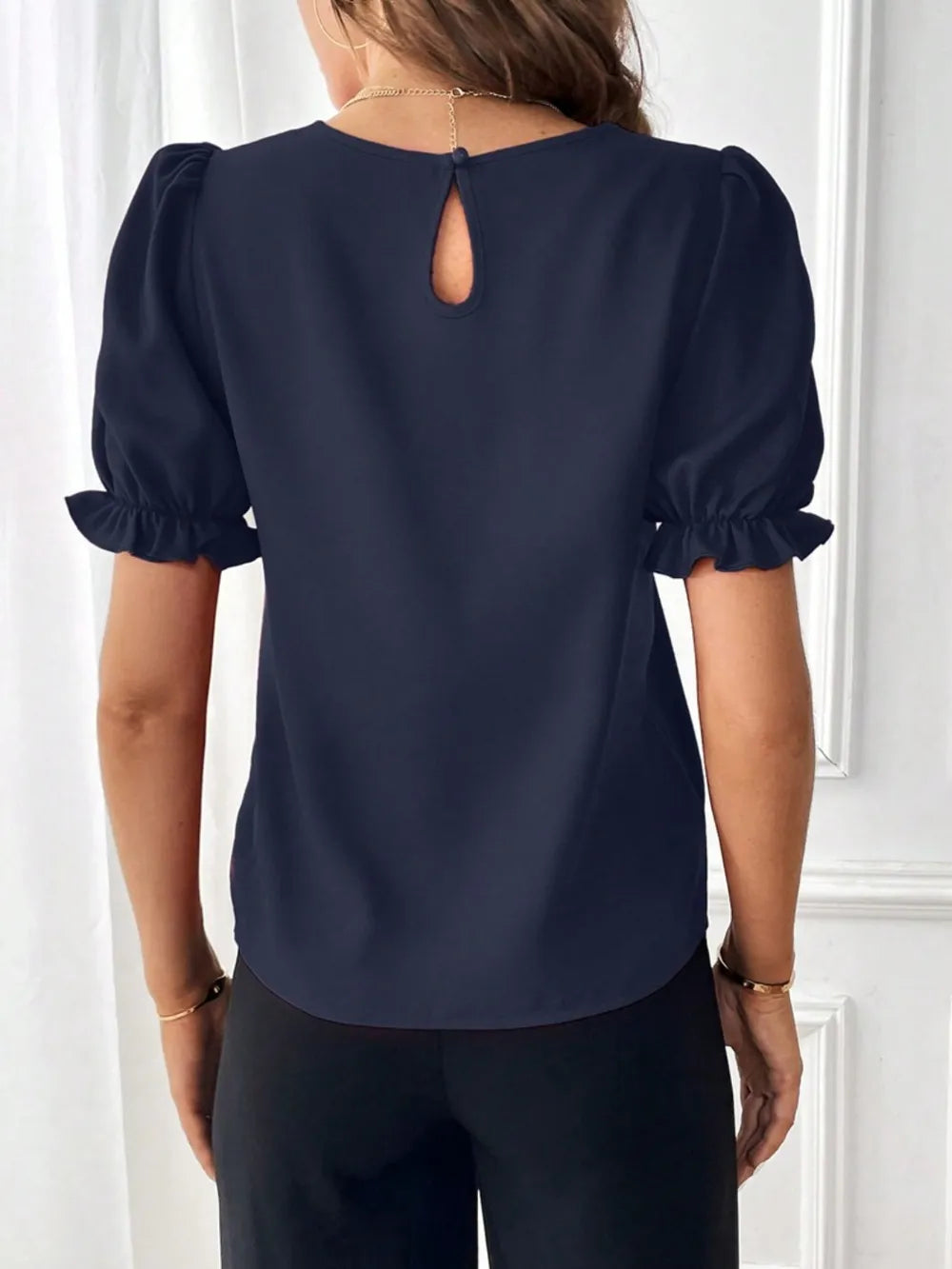 Round Neck Flounce Sleeve Crop Blouse