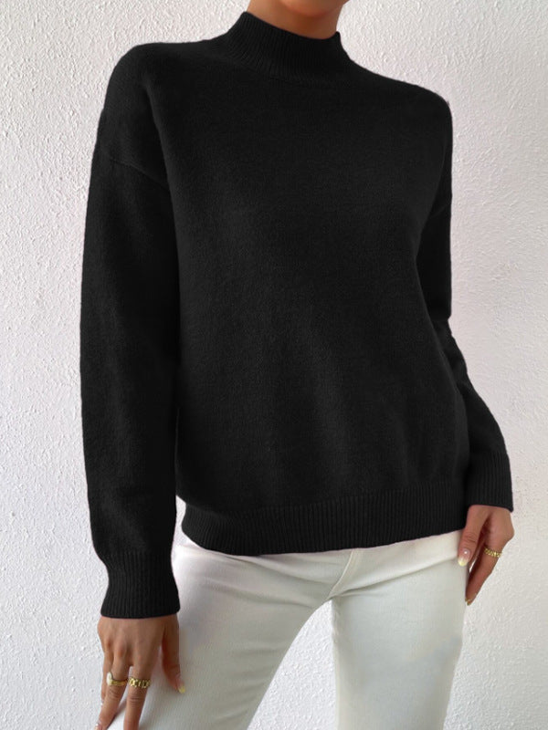 Solid color loose knit half high neck pullover sweater