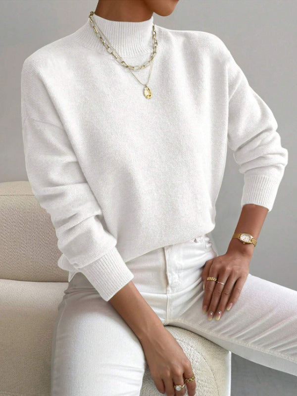 Solid color loose knit half high neck pullover sweater