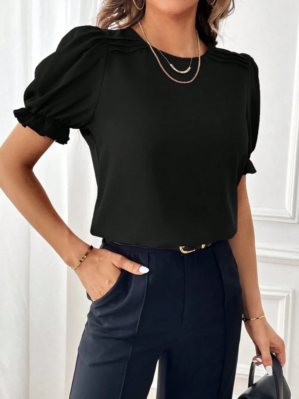 Round Neck Flounce Sleeve Crop Blouse