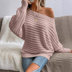 Solid color one neck bat sleeve pullover sweater for women