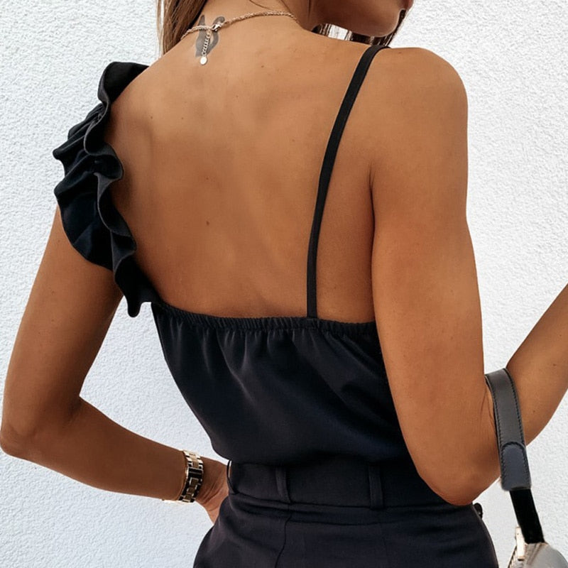 Women’s Sleeveless V-Neck Ruffle Blouse – Backless Spaghetti Strap Polyester Top