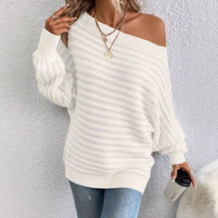Solid color one neck bat sleeve pullover sweater for women