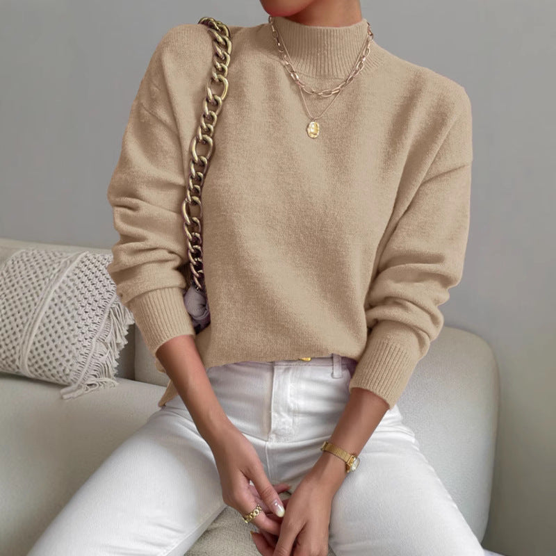 Solid color loose knit half high neck pullover sweater