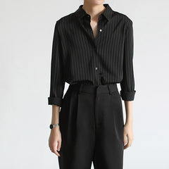 Pattern Arrival Black and White Stripe Shirt for Women, Office Lady Commuter Straight Shoulder Interview Long Sleeve Blouse
