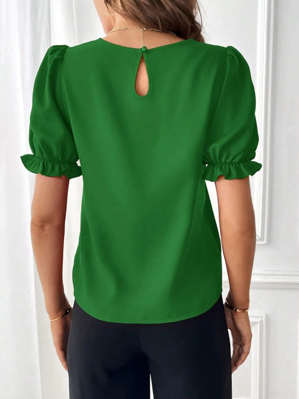 Round Neck Flounce Sleeve Crop Blouse