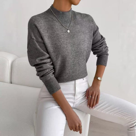 Solid color loose knit half high neck pullover sweater