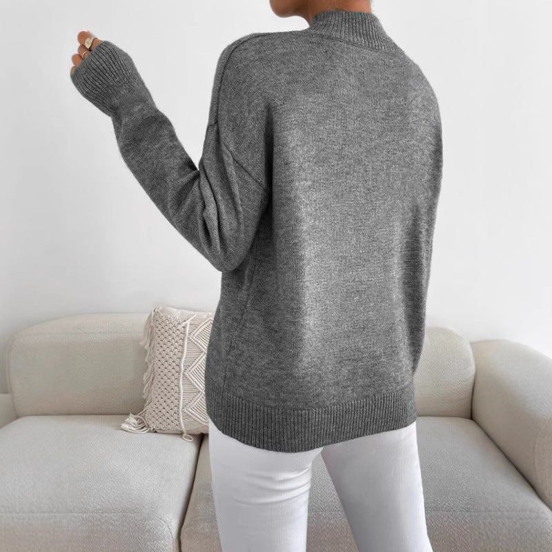 Solid color loose knit half high neck pullover sweater