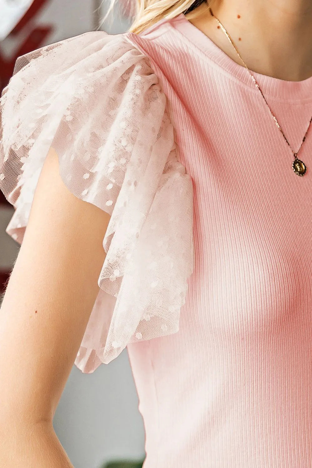 Ruffled Round Neck Cap Sleeve Polyester Blouse