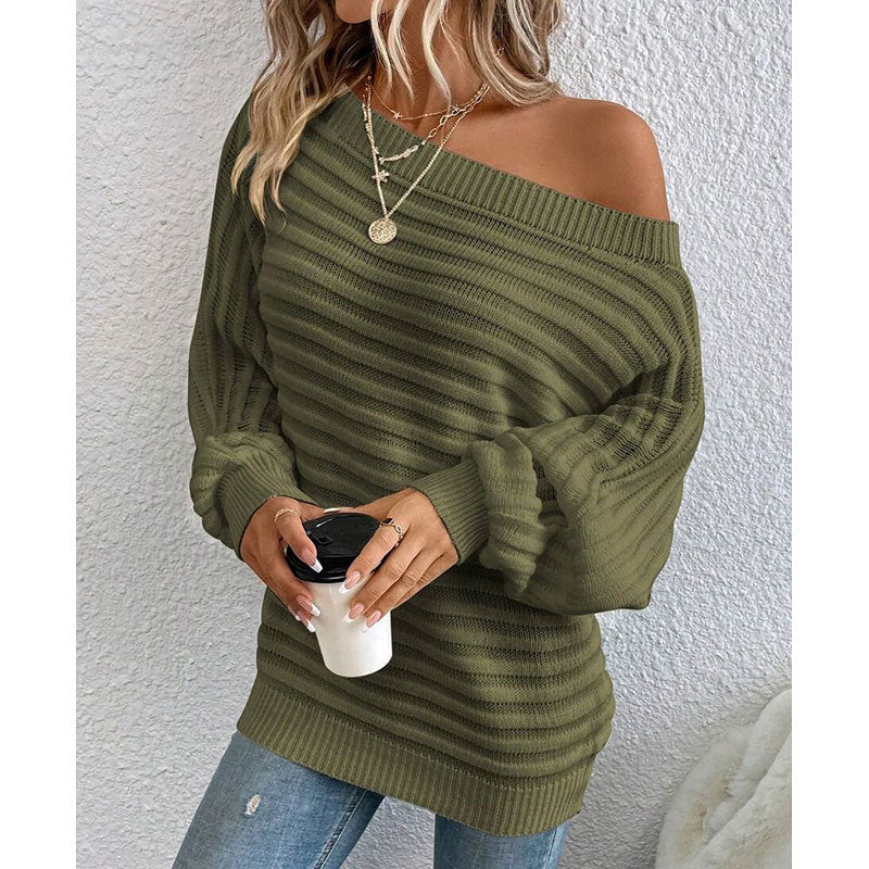 Solid color one neck bat sleeve pullover sweater for women