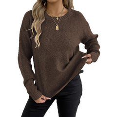 Women's Knitted Sweater Crewneck Pullover Casual Basic Layering Top with Mixed Color Knit Pattern
