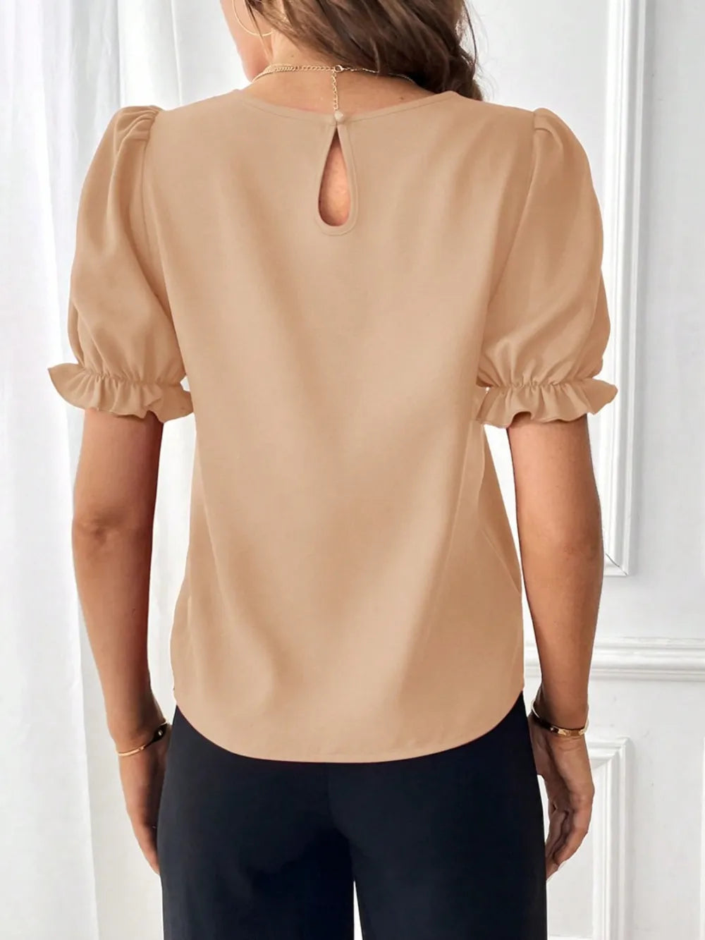 Round Neck Flounce Sleeve Crop Blouse