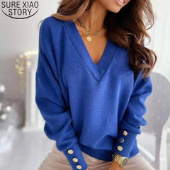 Spring New Long Sleeve Knitted Sweater Women V-neck Jumper Sweaters for Women Button Loose Office Lady Casual Pullover