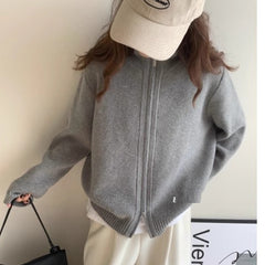 Lazy Style White High Neck Knit Cardigan for Women, Zip-Up Sweater Top, Spring and Autumn Fashion Outfit, Elegant Look